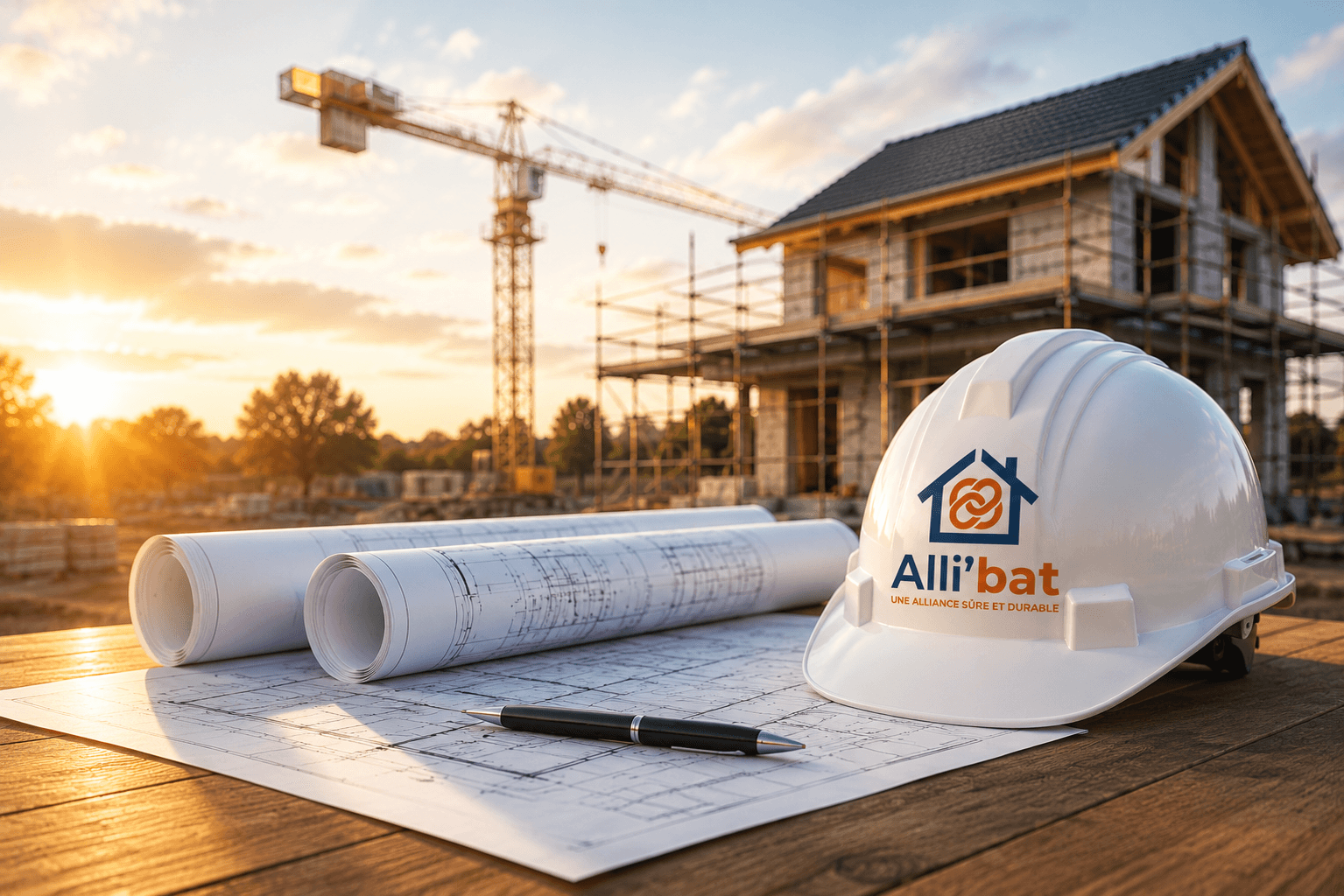 Chantier ALLI'BAT — Maison en construction, plans d'architecte et casque ALLI'BAT